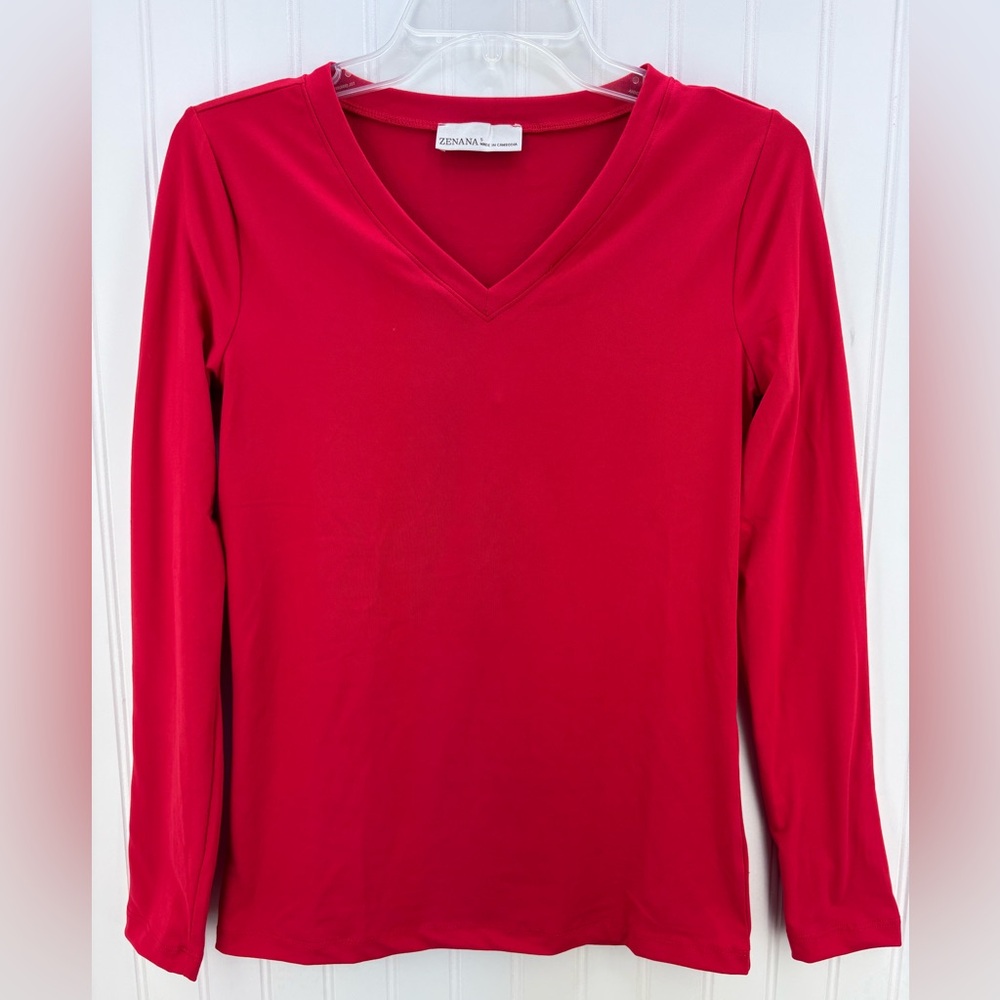 NEW Zenana Outfitters Women's Vibrant Red Long Sleeve V-Neck Tee Small